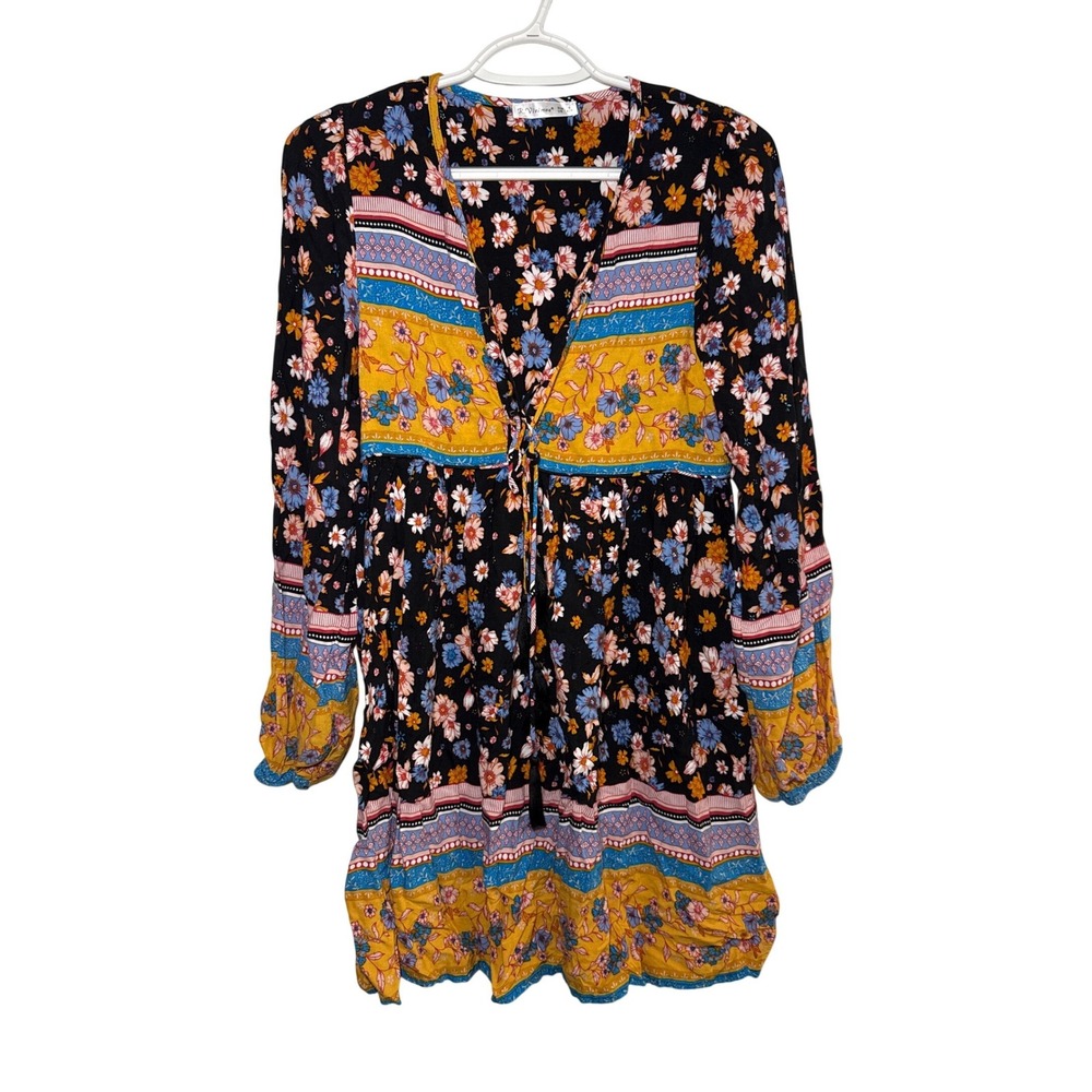 R.Vivimos Boho Floral Border Print Tassel Mini Dress Small Bohemian Cottage